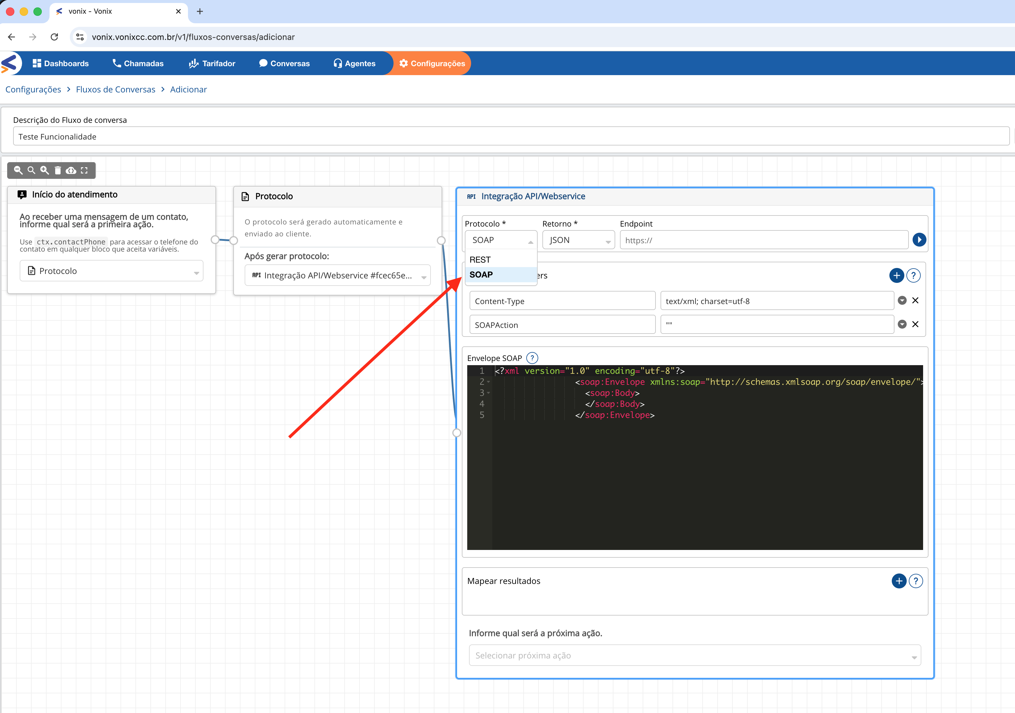 Configuração do bloco API/WebService com suporte a SOAP