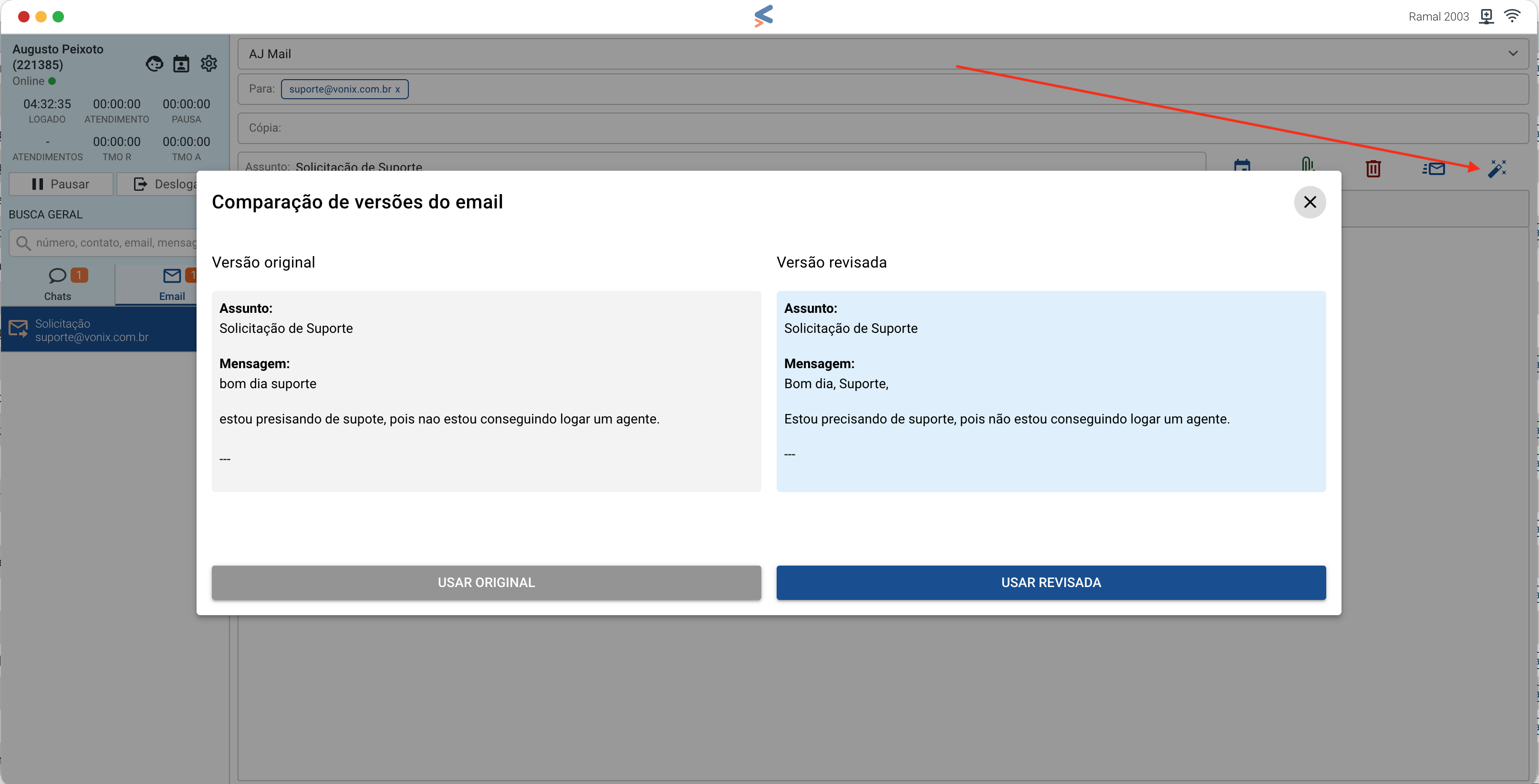 Ícone de IA e comparativo de versões no e-mail