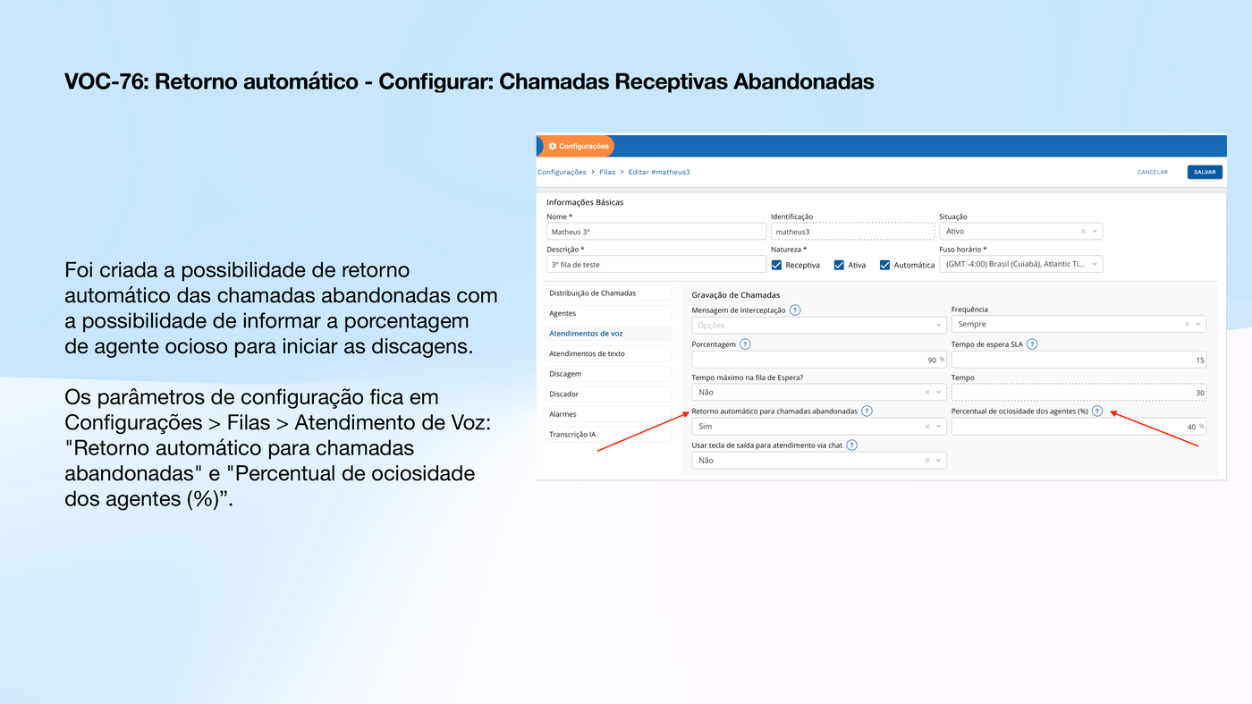 Configuração de retorno automático para chamadas abandonadas