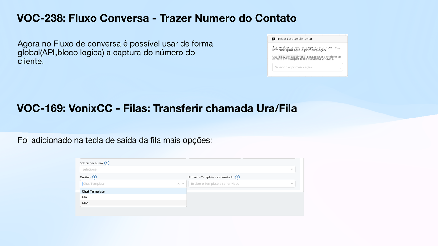 Captura global de número no Fluxo de Conversa e opções de transferência de fila