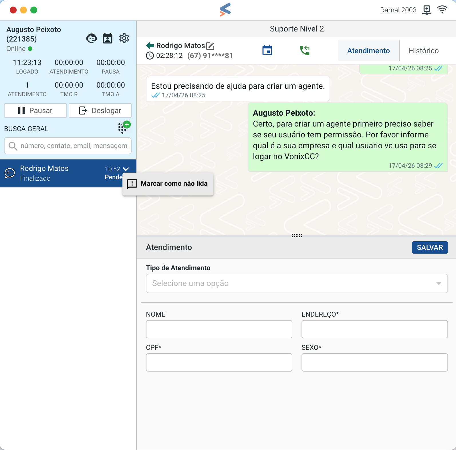 Chat marcar conversa como não lida