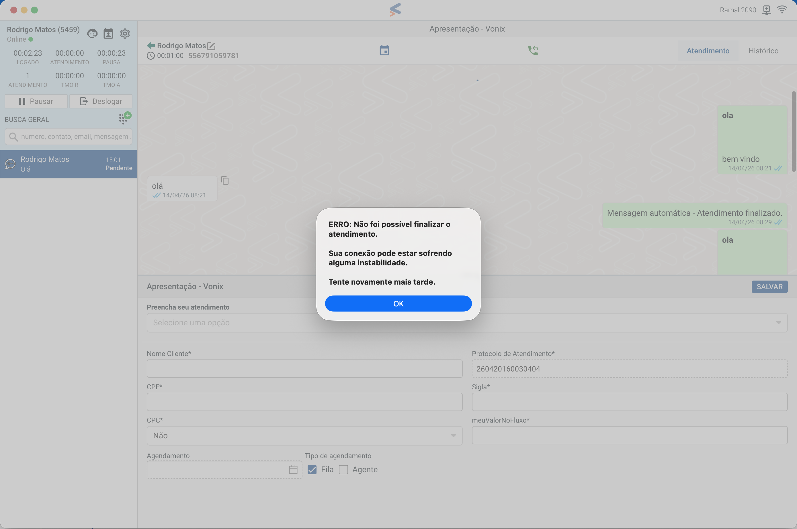 Vonixphone verificação de estabilidade